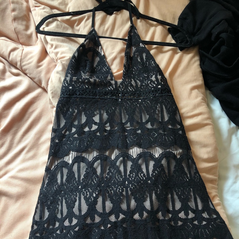 Black & tan halter tie dress